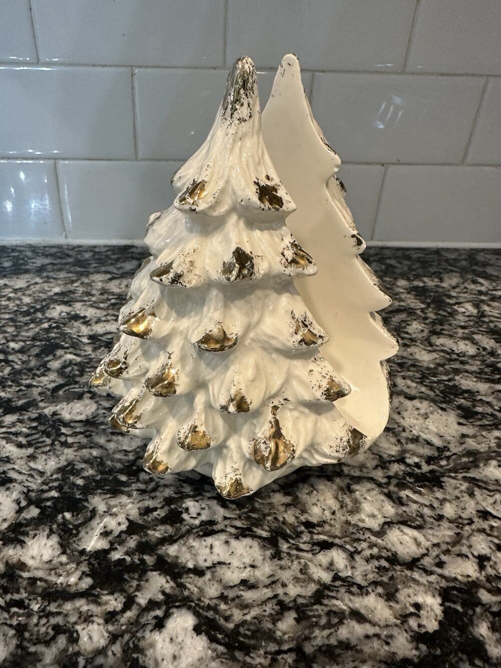 VINTAGE White & Gold Ceramic Christmas Tree Card, Napkin Holder Kitchen Holiday